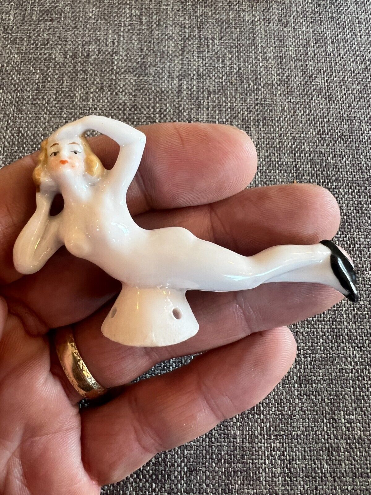 Antique/VTG Porcelain Pincushion Topper w Risqué lounging Naked Lady