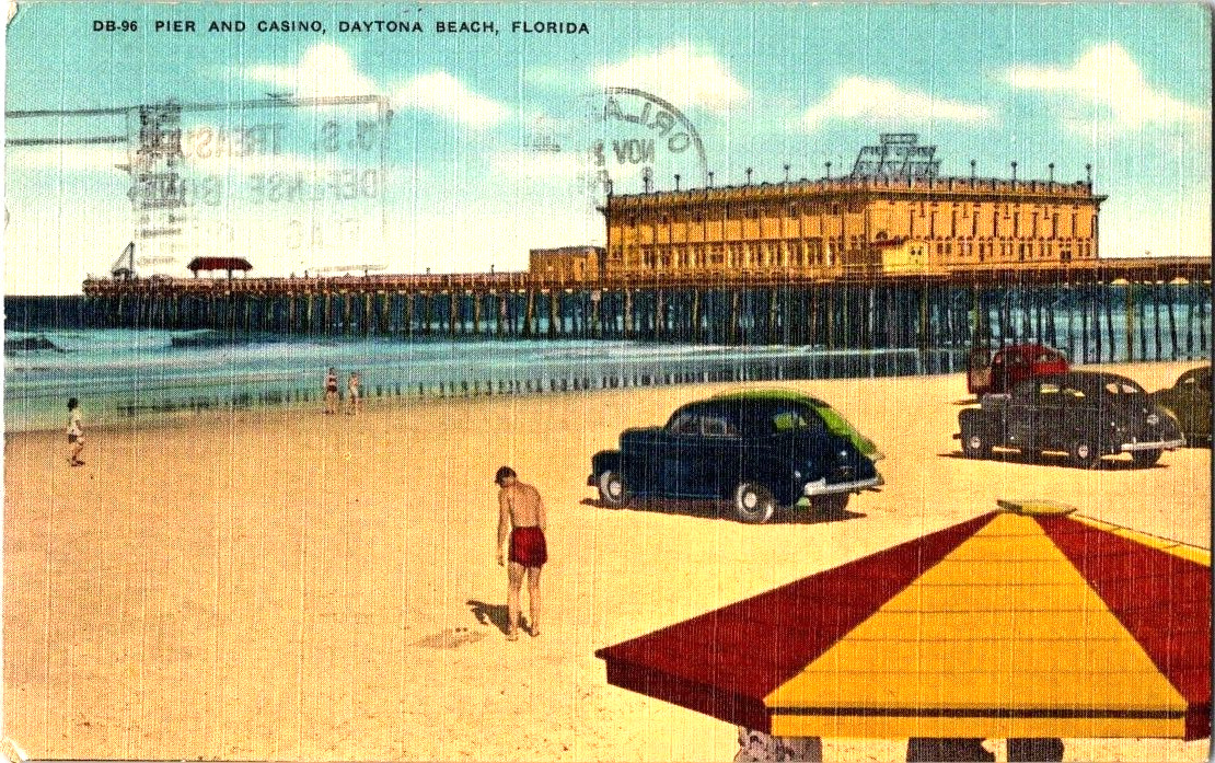 Daytona Beach Florida Pier and casino 1954 linen postcard a50