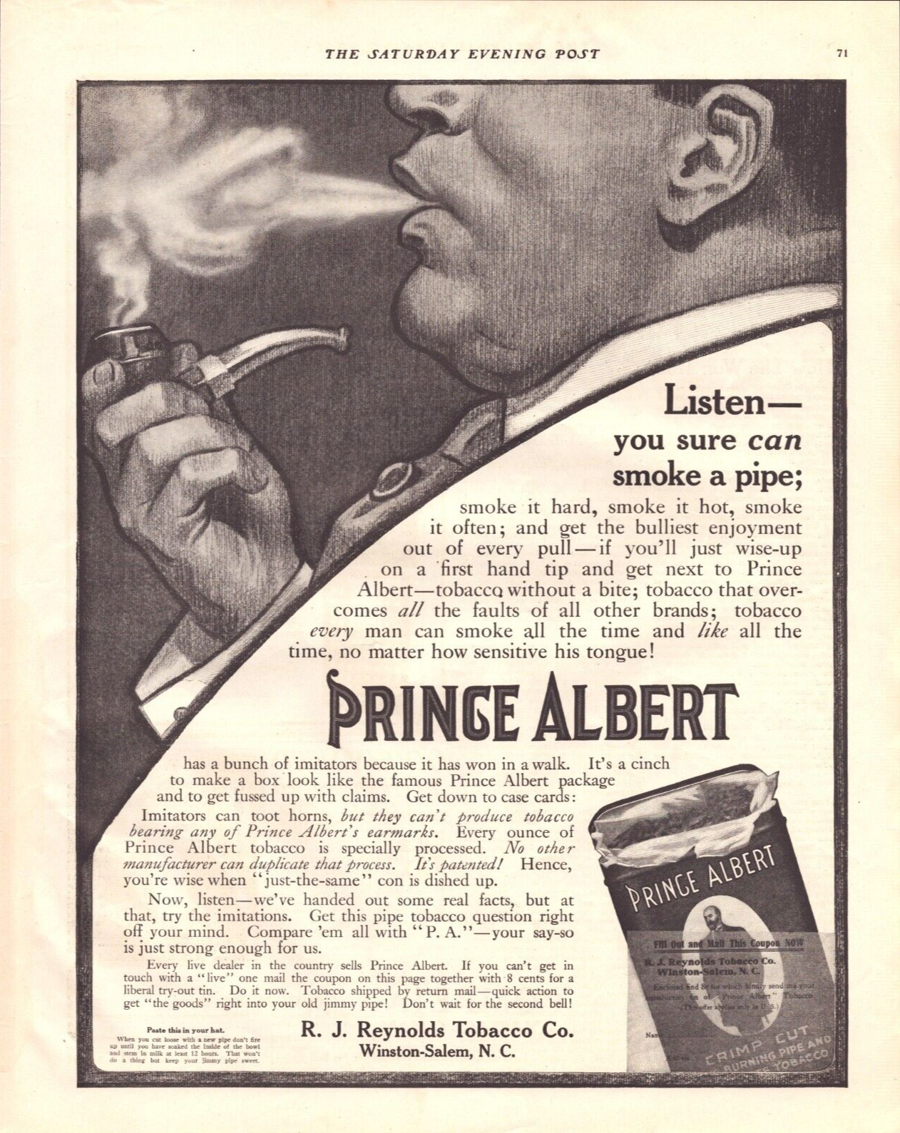 1910 Prince Albert RJ Reynolds Pipe Tobacco Print Ad Man Soking Pipe