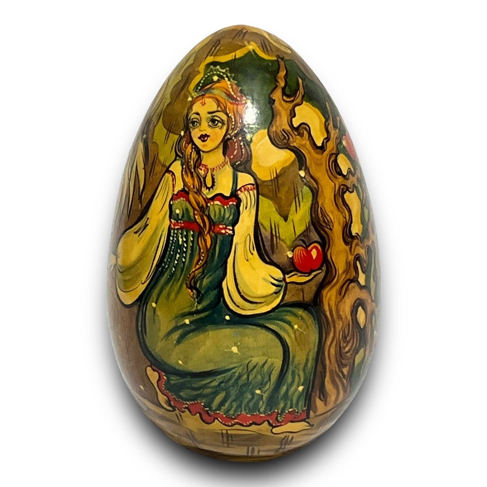 Russian Vintage Wooden Hand Painted Egg Lacquer Princes With Forbidden Apple