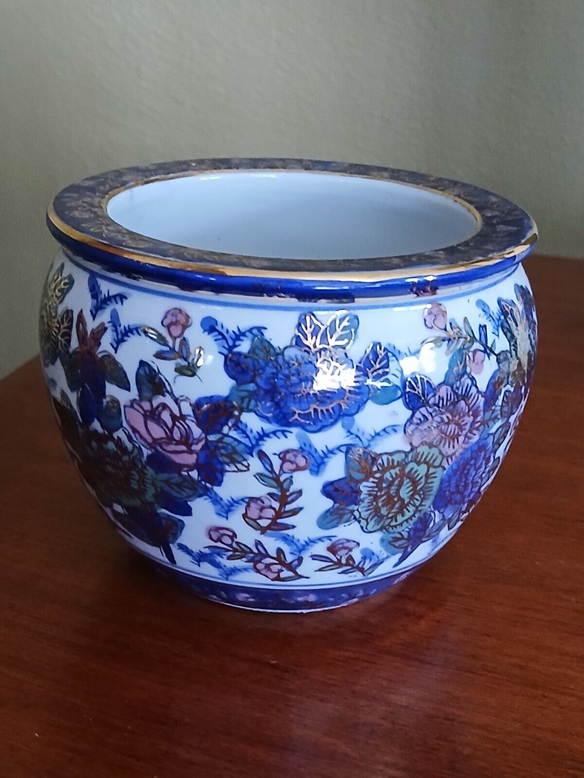 Vintage Asian Porcelain Planter Vase Floral Blue, Green, Pink W/Gold Trim