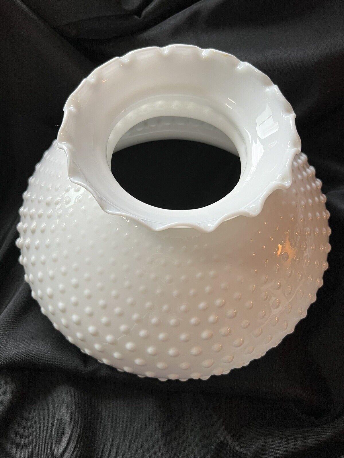 White Milk Glass Hobnail GWTW Hurricane Lamp Shade - Ruffled Top - 11.75\