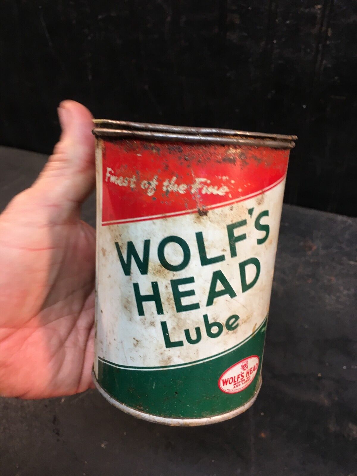 Vintage Wolf’s Head Lube Grease 1 LB Can -Gas Station Advertising Can Empty