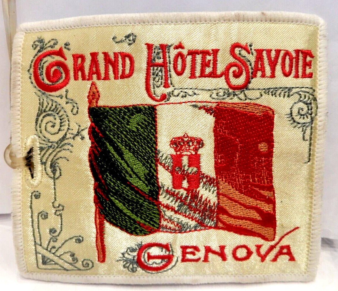 Vintage GRAND HOTEL SAVOIE GENOVA ITALY Luggage Tag Label PATCH Key Holder XONEX