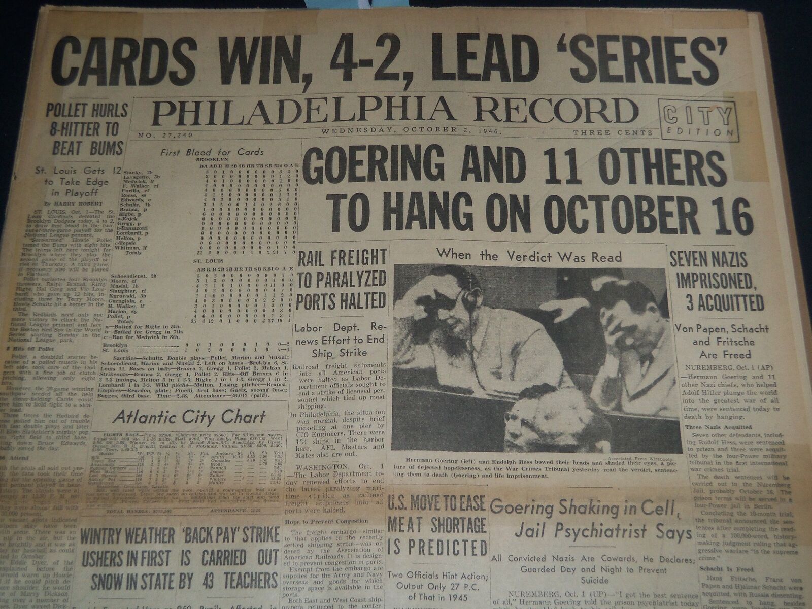 1946 OCT 6 PHILADELPHIA RECORD - GOERING & 11 OTHERS TO HANG ON - NT 7504