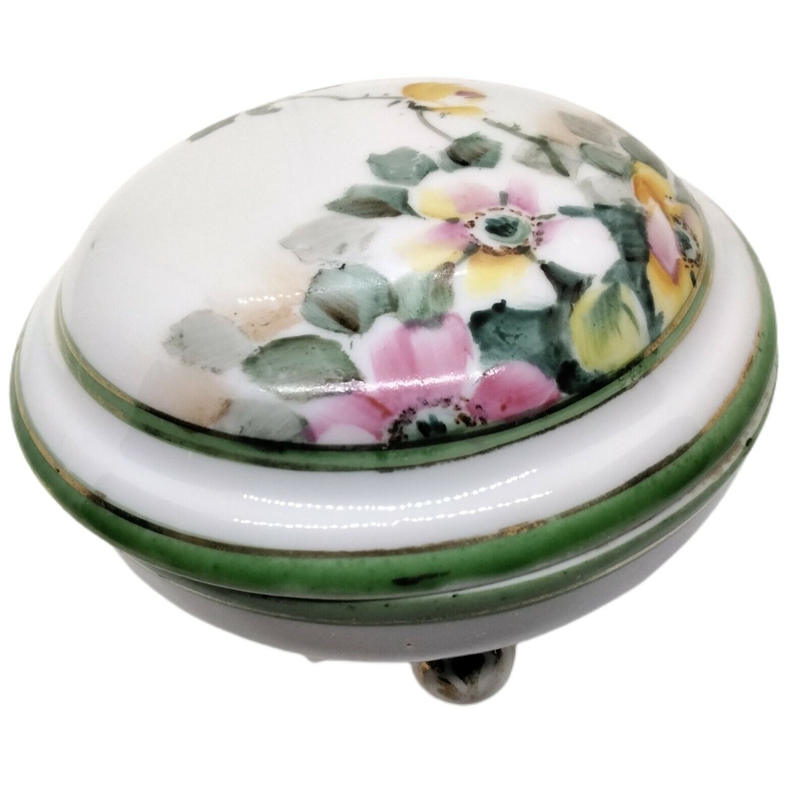 Nippon Porcelain Hand Painted Trinket Powder Dish Flowers Footed W Lid
