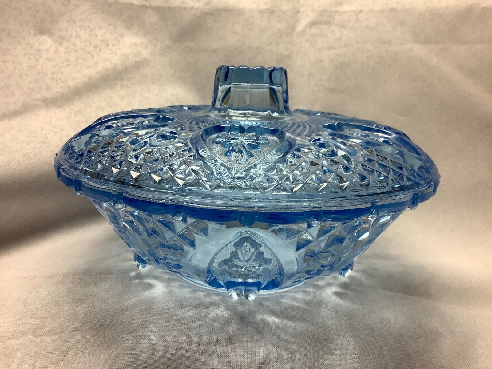 Indiana Glass Aqua Lidded Candy Dish, Heart and Flowers Pattern