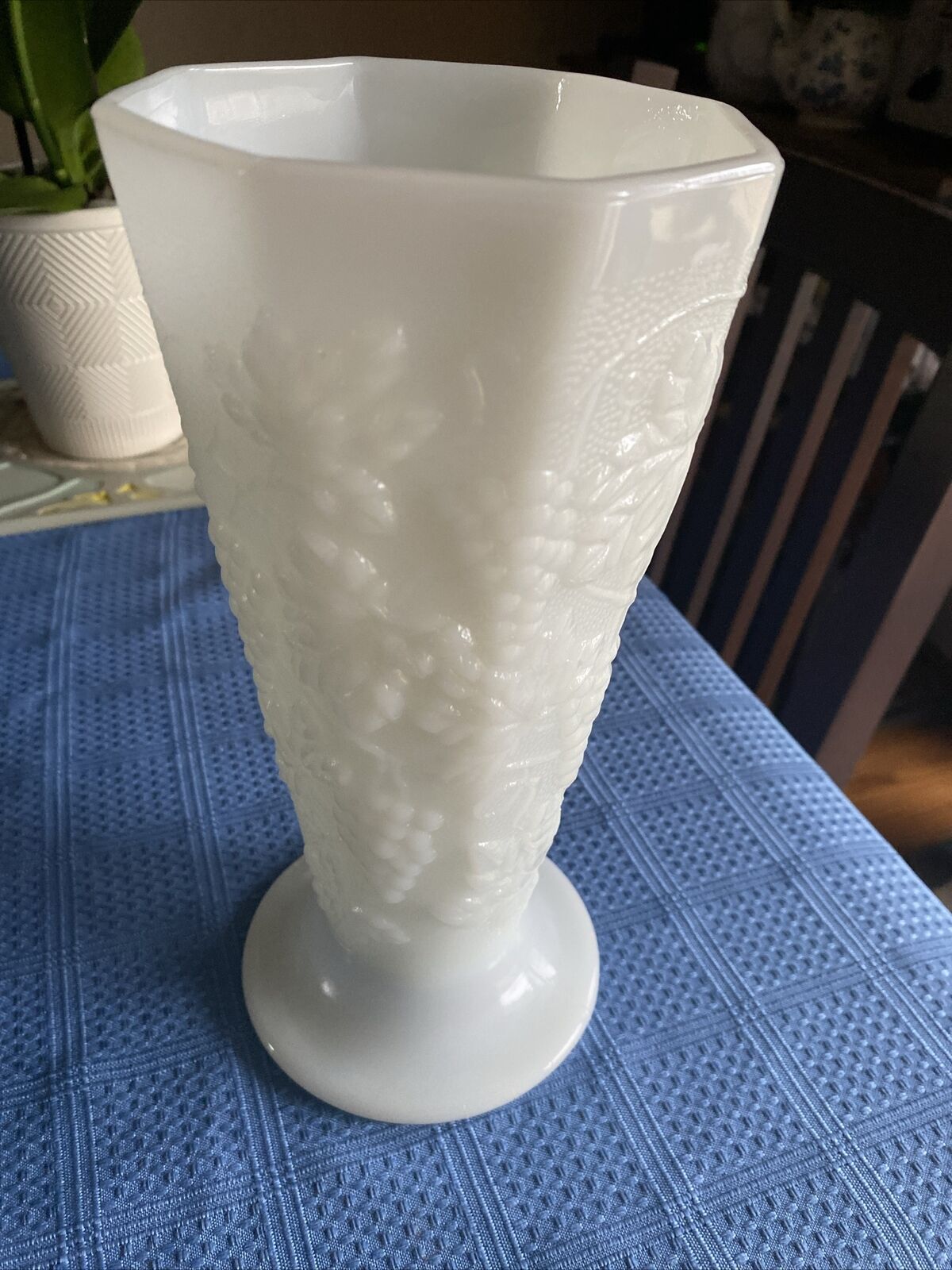 Tall White Octagonal Pedestal Milk Glass Vase Grapes Leaves Anchor Hocking