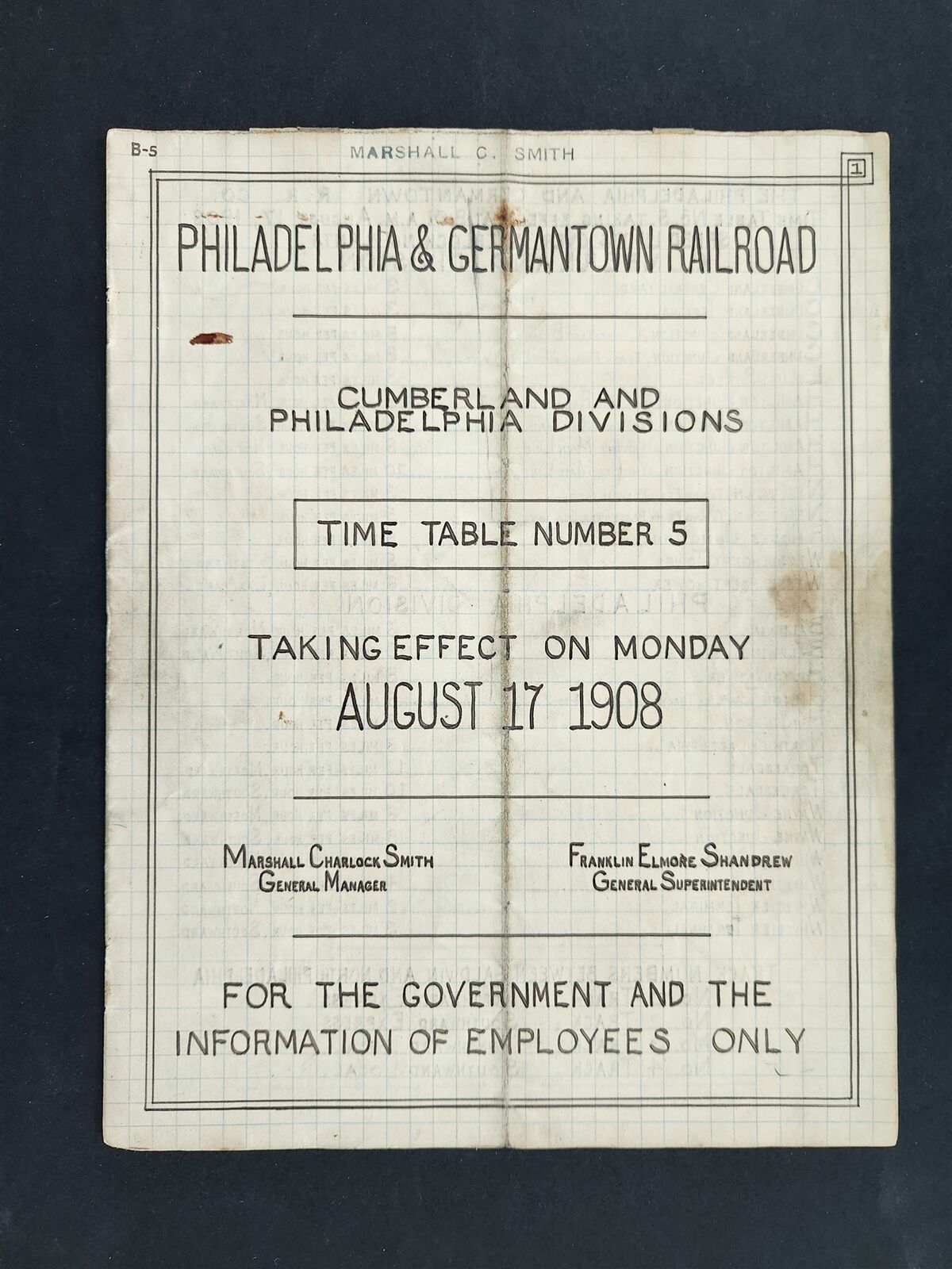 1908 AUG antique PRR PHILA & GERMANTOWN RAILROAD TIMETABLE phila cumberland