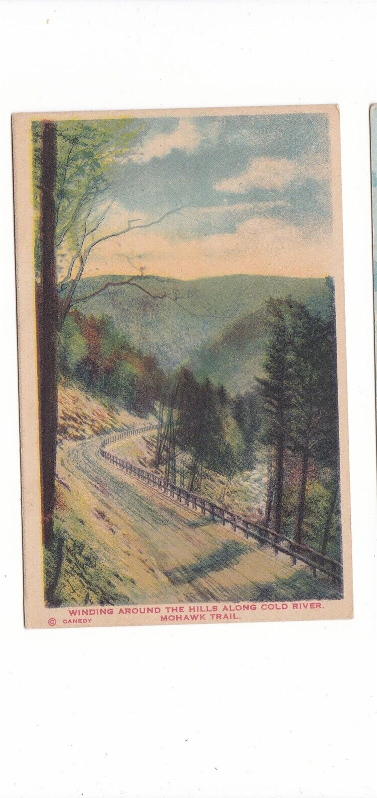 Mohawk Trail along cold river antique postcard winding road MASS. / MA/ Canedy
