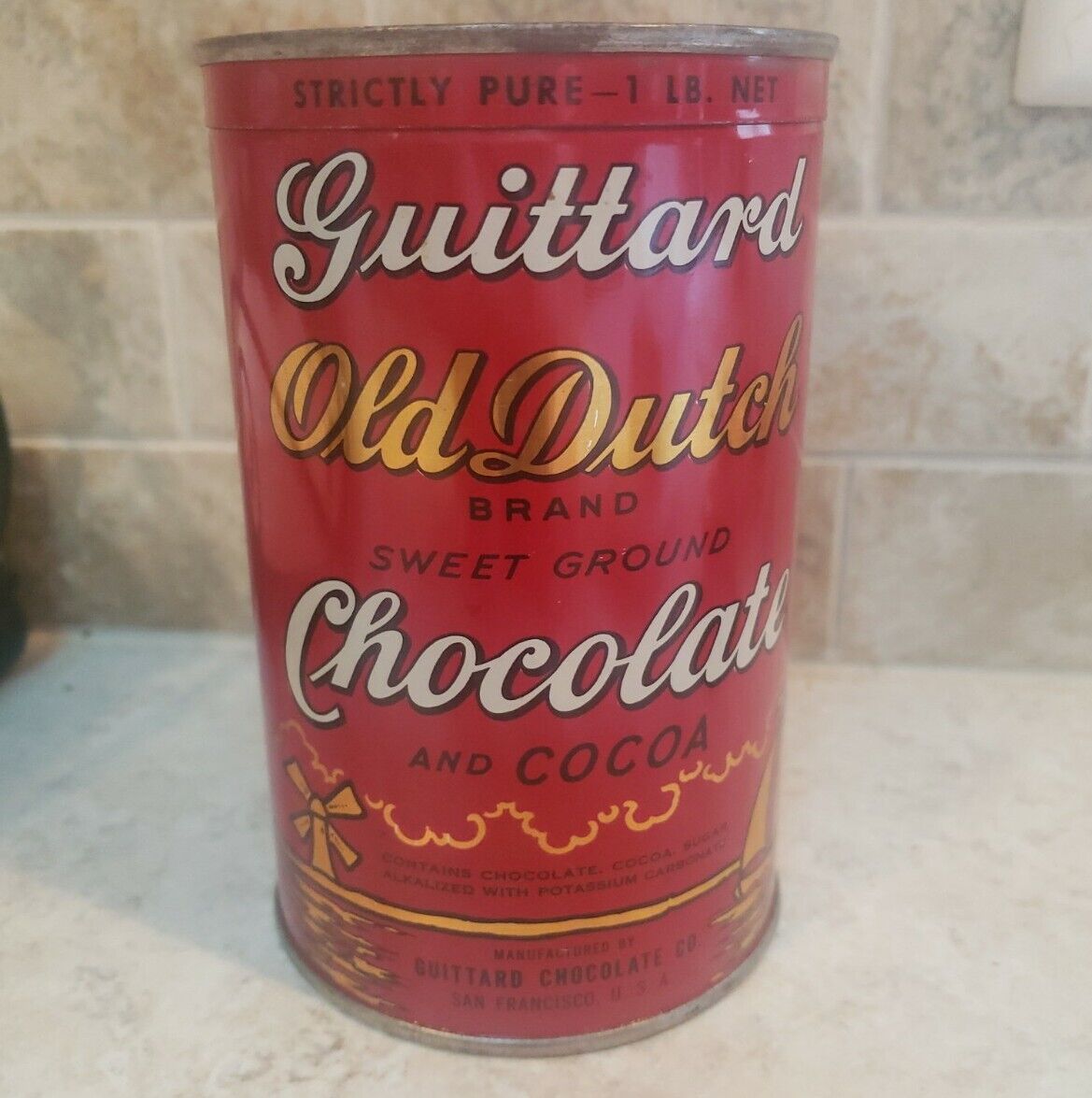 Guittard Old Dutch Chocolate Cocoa Vintage Tin Prop 20s 30s Unopened Full