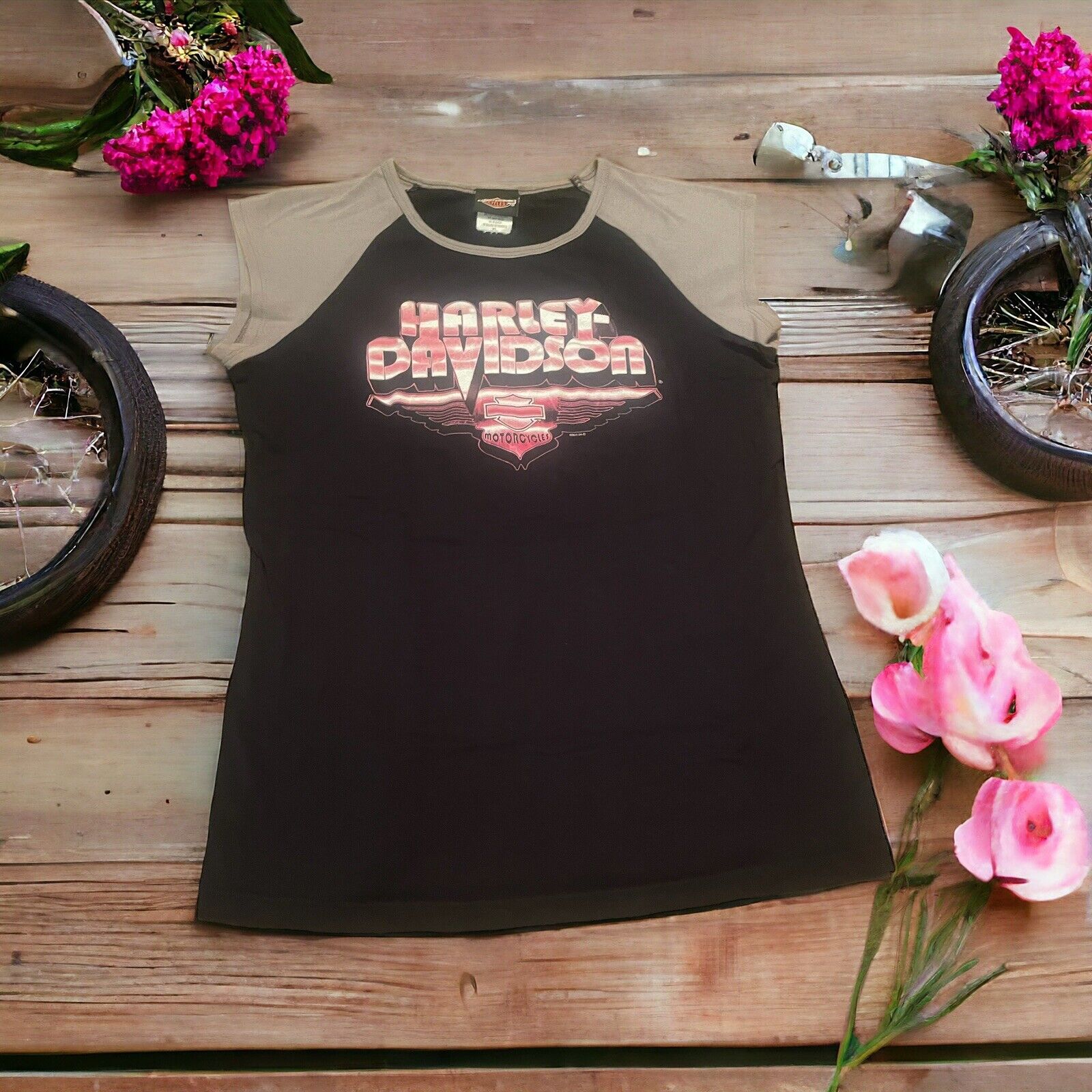 Harley Davidson Short Cap Sleeve TShirt Women’s XL Black/Grey Marion IL See Pics