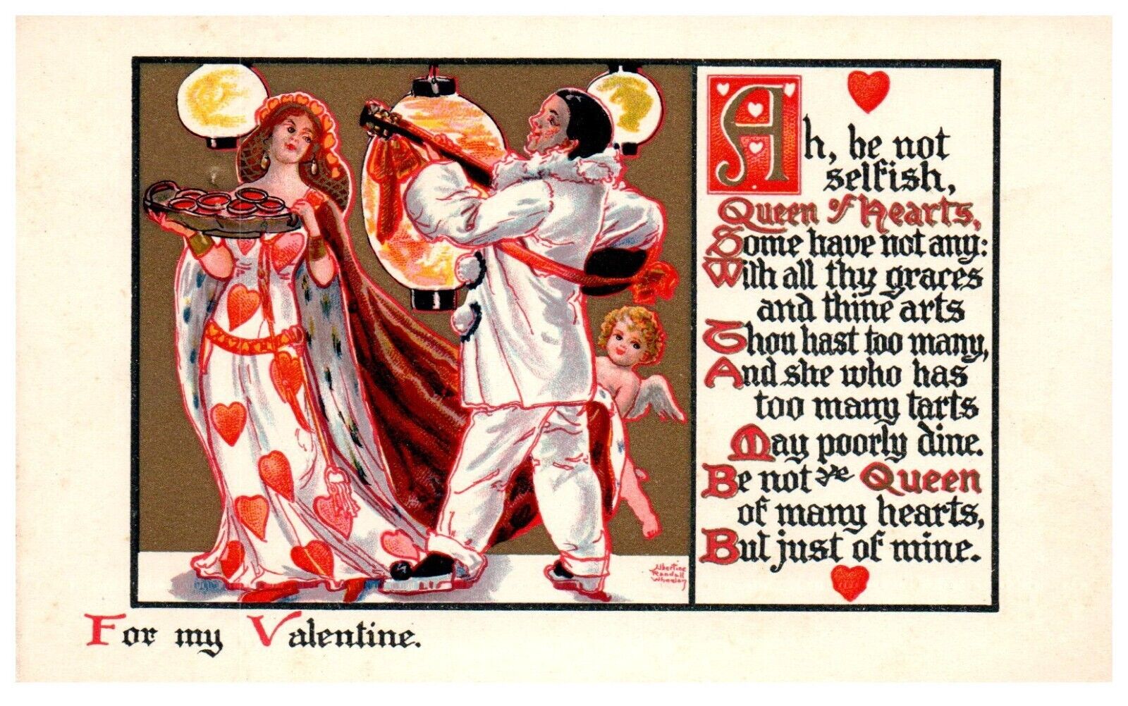 Queen of Hearts Tarts Clown Suitor Cherub Germany Antique Postcard Posted c1910