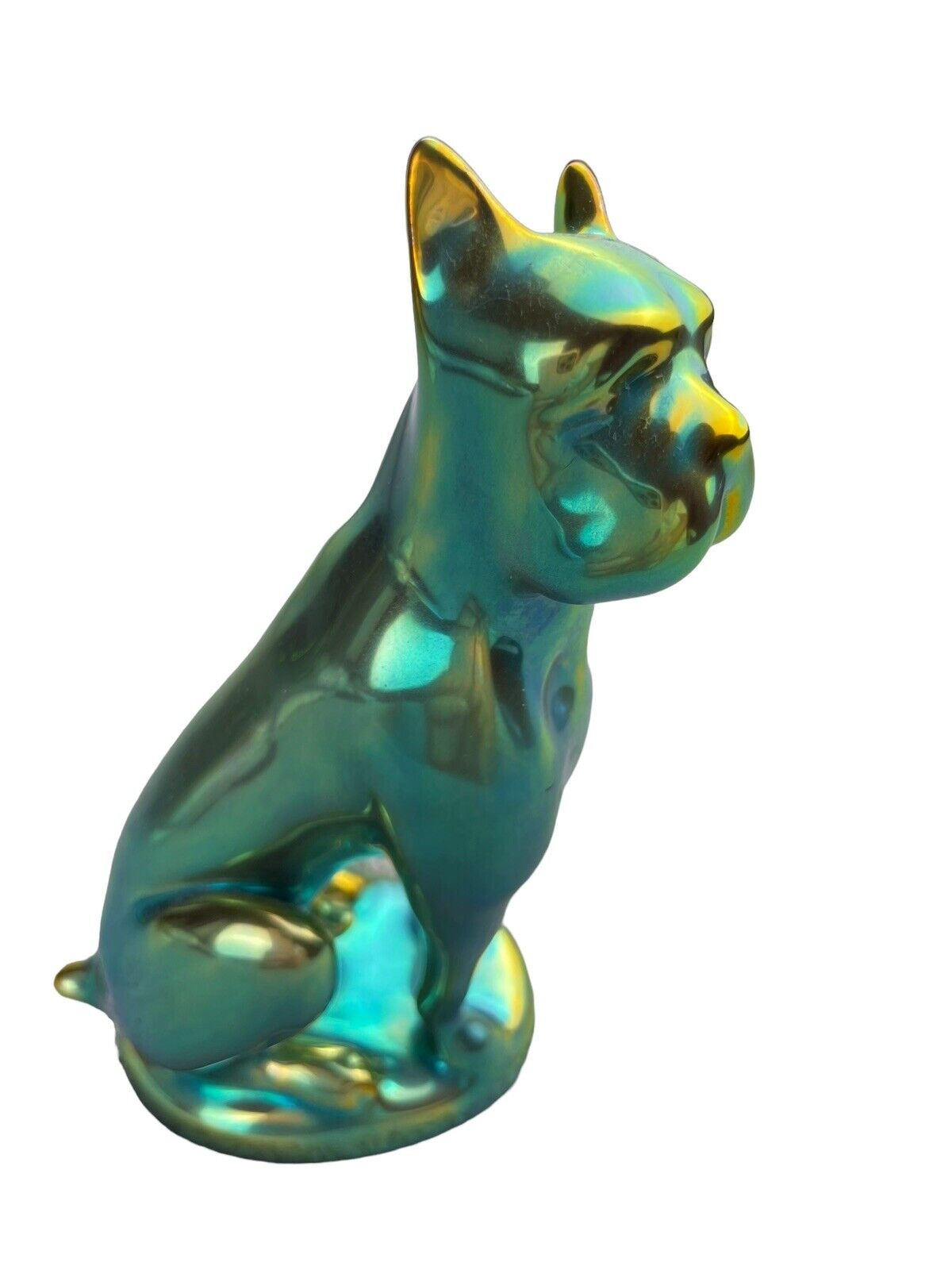 MCM Zsolnay Eosin Iridescent Animal Figurine Dog Boxer Green Glazed Gold Hungary