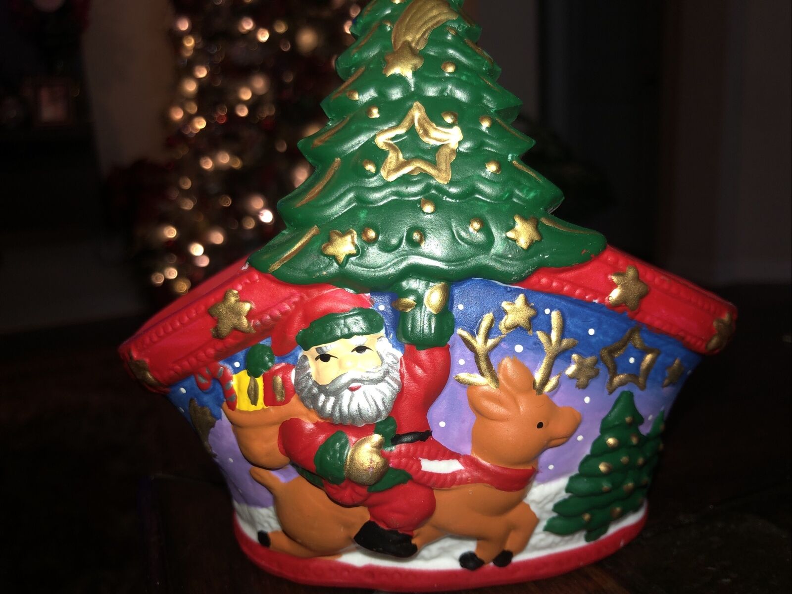 Brinns Hand Painted Santa With Reindeer Colorful Trinket Basket