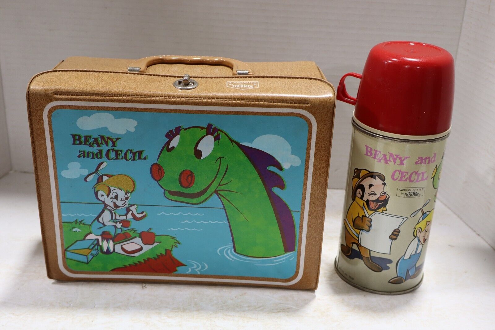 Vintage Beany And Cecil Lunchbox Tan with thermos, Rare 1963 Vinyl