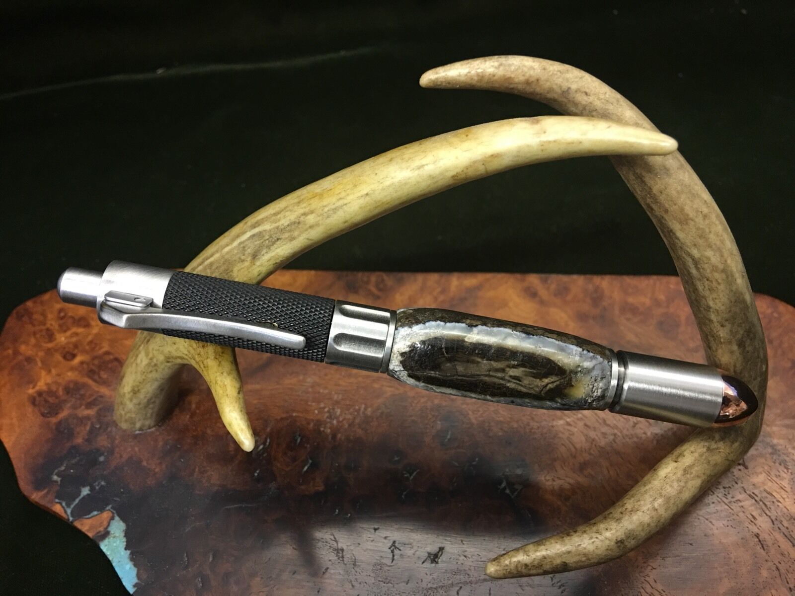 Handmade Ballpoint Revolver Click Pen Made With Fossil LOOKAnd Pewter Finish.