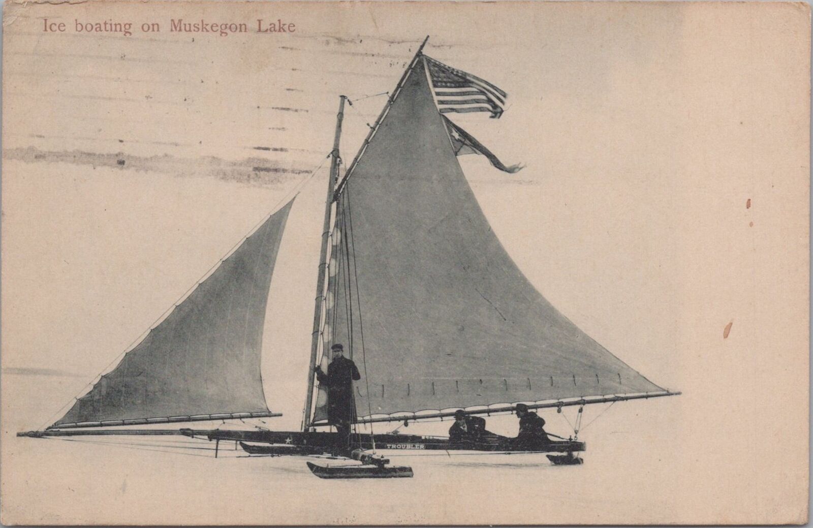 Troubler Ice Boating on Muskegon Lake Michigan 1911 Photo Postcard