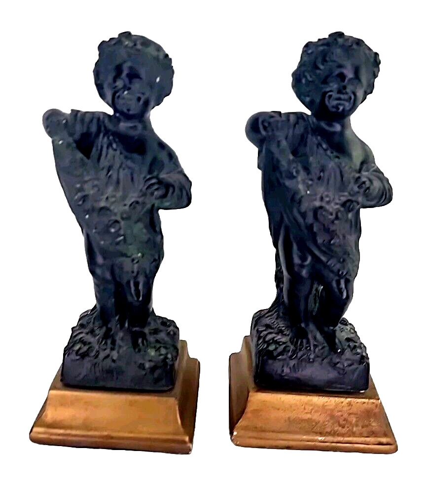 Vintage Borghese Putti Children Figurine Pair Black Statues Set