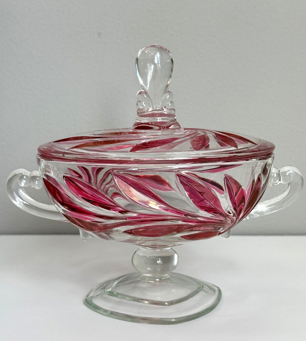 Indiana Glass Ruby Red Willow Crystal Bowl Vintage Candy Dish Compote Pedestal