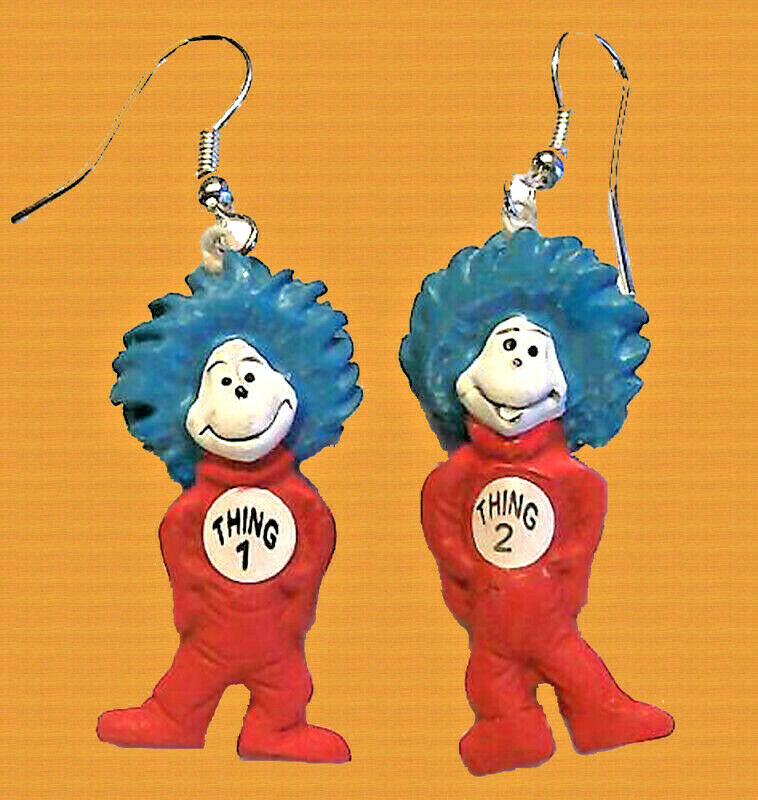 Funky Twins THING 1 and 2 EARRINGS-Dr Seuss Cat in Hat Character Costume Jewelry
