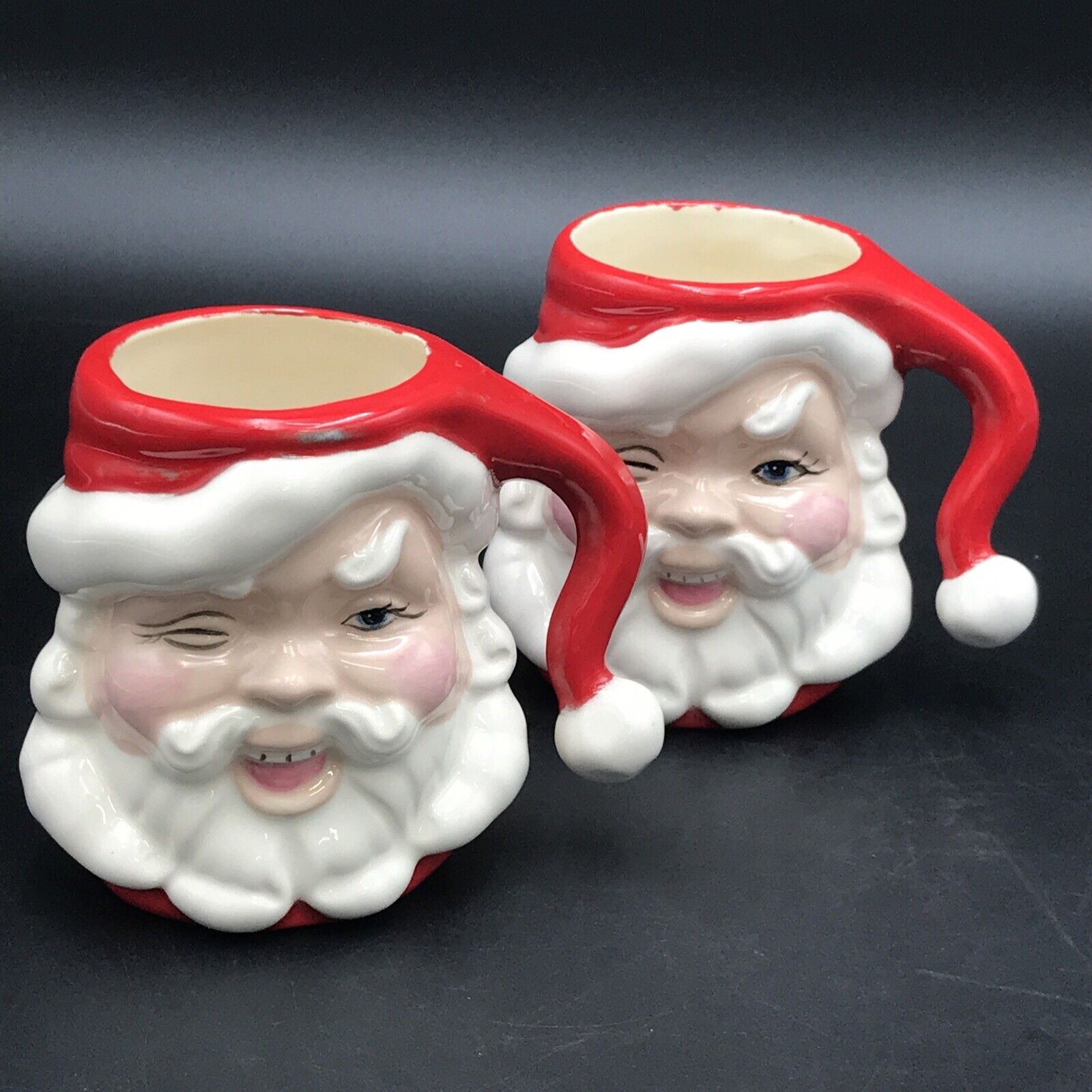 Vintage Christmas 1950’s Winking Santa Mugs 4” Set of 2