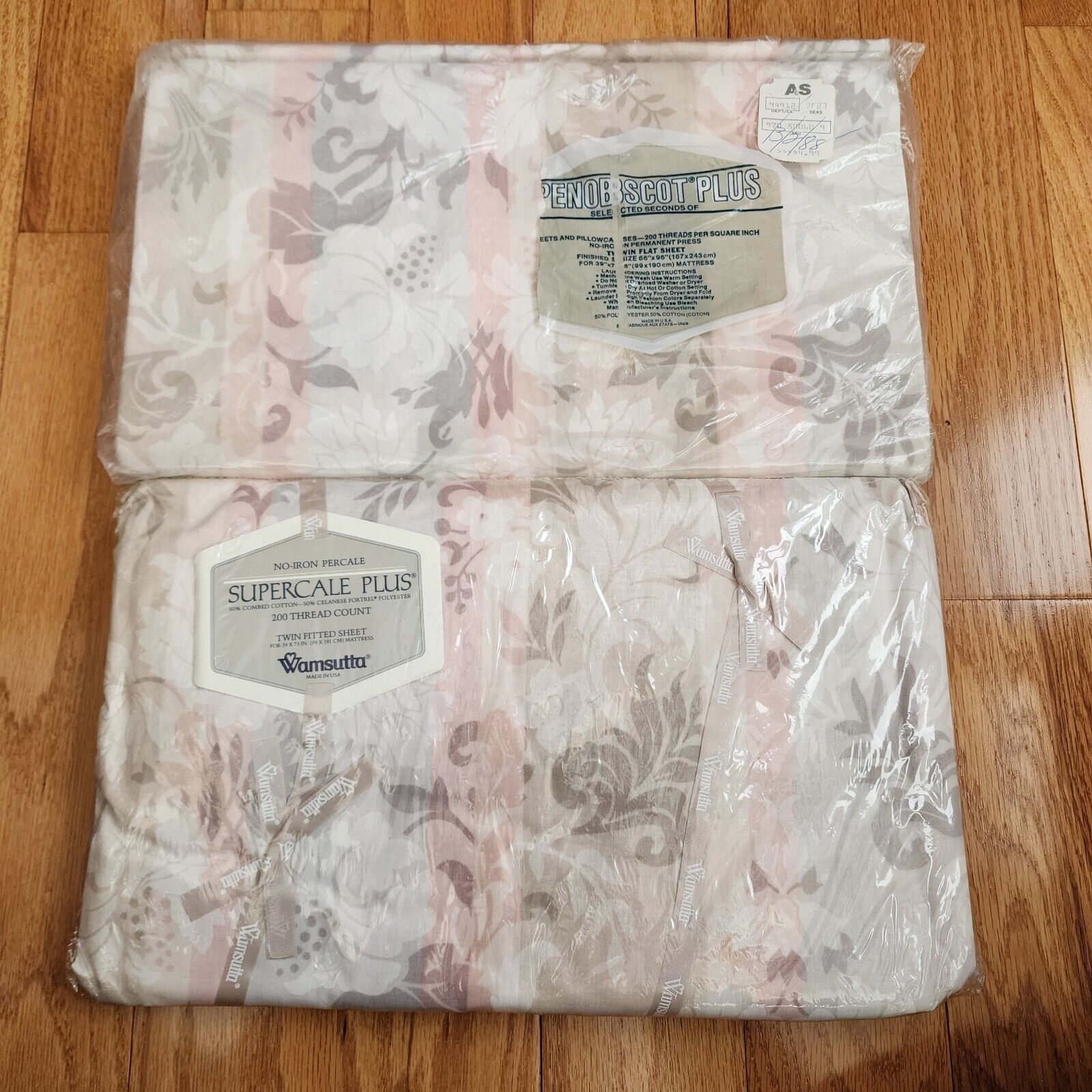 Vintage NOS Penobscot Wamsutta Twin Flat Fitted Sheets Supercale Gray Pink New 