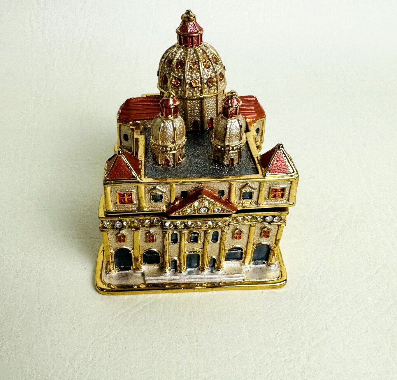 St Peter’s Church Bejeweled Enameled Hinged Trinket Box Gold Tone Collectible