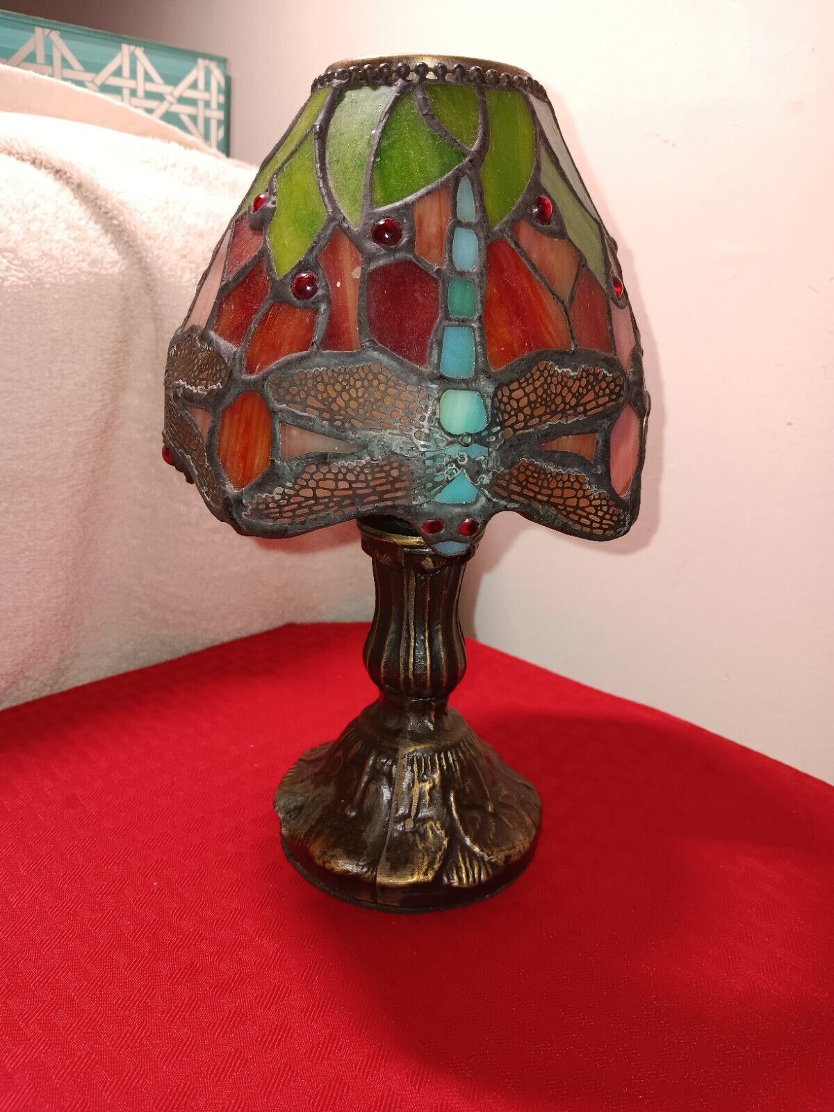 Vintage Stained Glass Tiffany Style Candle Lamp Metal Base Tea Light