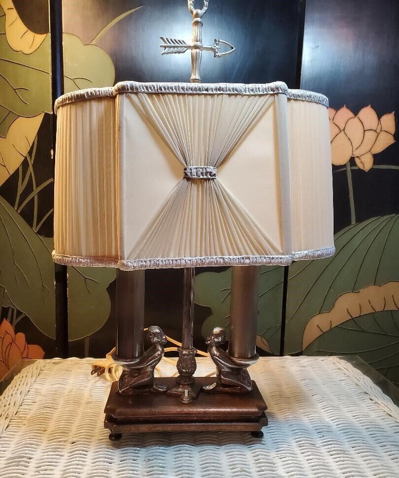 2 NUDES Art Deco Lamp & Original Pleated Shade UNUSUAL Finial NUART FRANKART Era