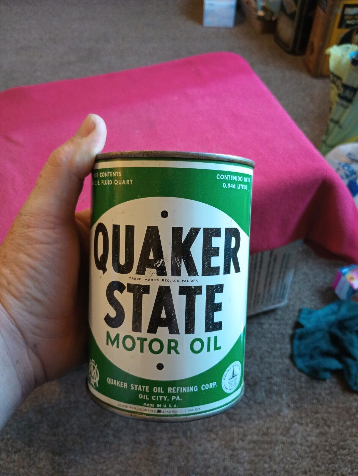 1950s era QUAKER STATE MOTOR OIL Old Solder Seam Tin 1 quart Can Full Gas Oi🔥