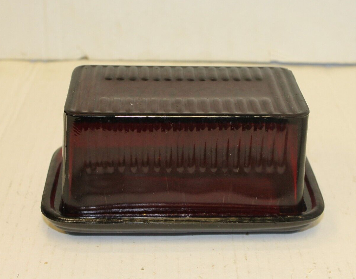 Large Dark Red Glass Butter Dish Embossed Retro Depression Style