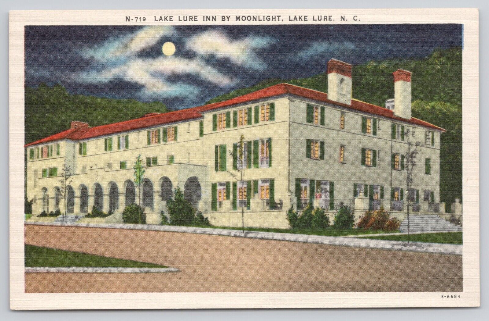 Lake Lure Inn by Moonlight NC North Carolina Hotel Vintage Postcard
