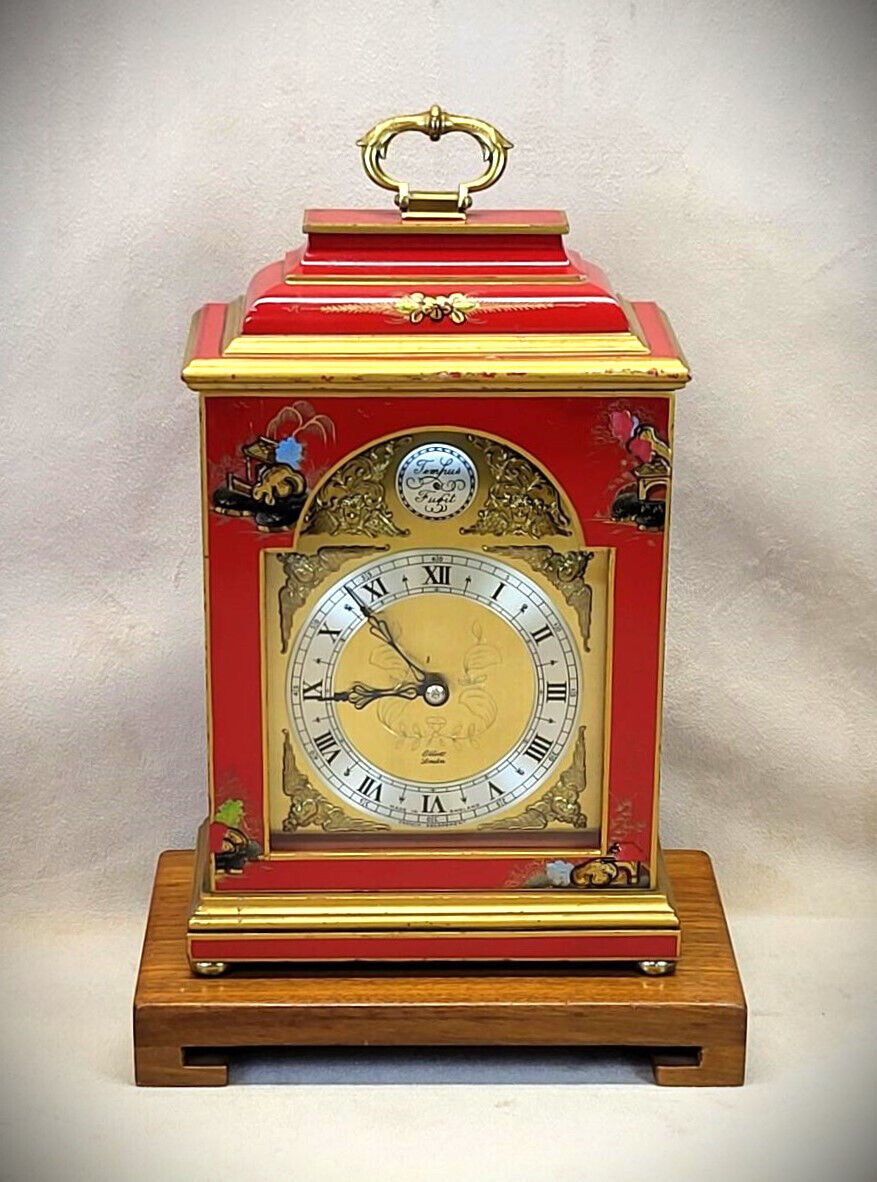 RESTORED 1963 Elliott London Hand Painted Chinoiserie Lacquer 8-Day Shelf Clock