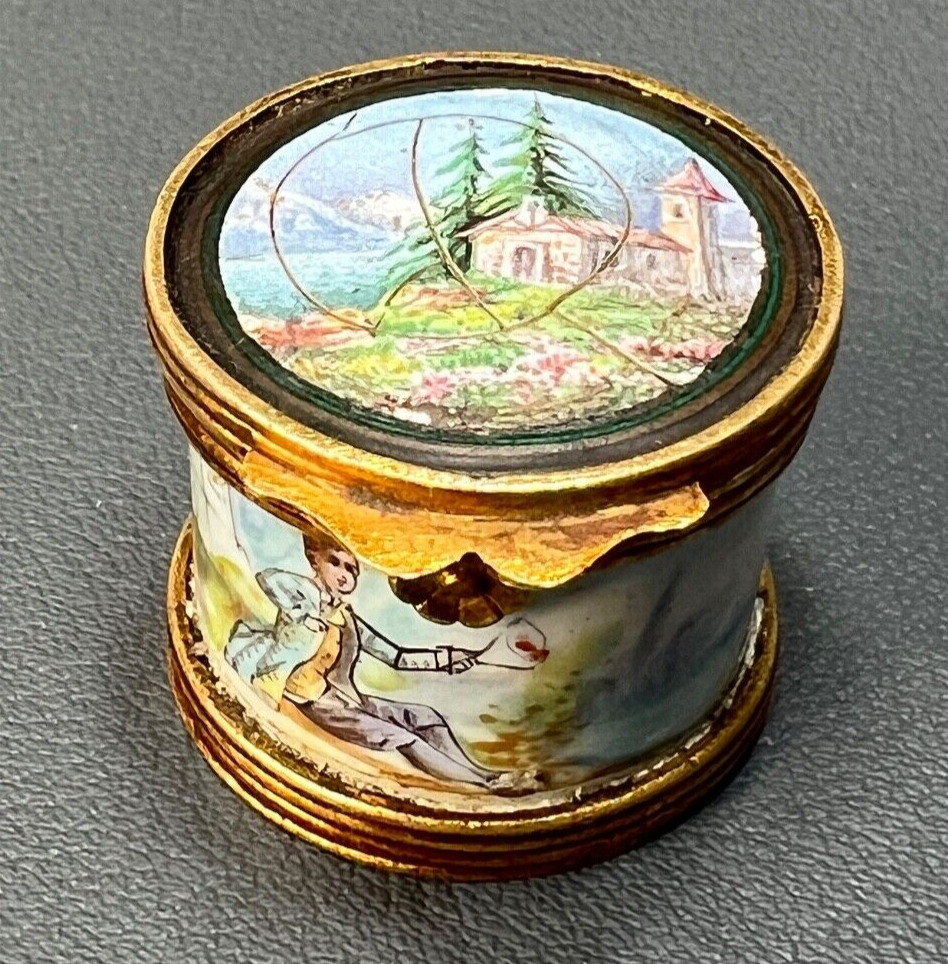 18c.Antique Hand-Painted Enamel Gilt Brass Mounted Pill Snuff Box Scenery Noble
