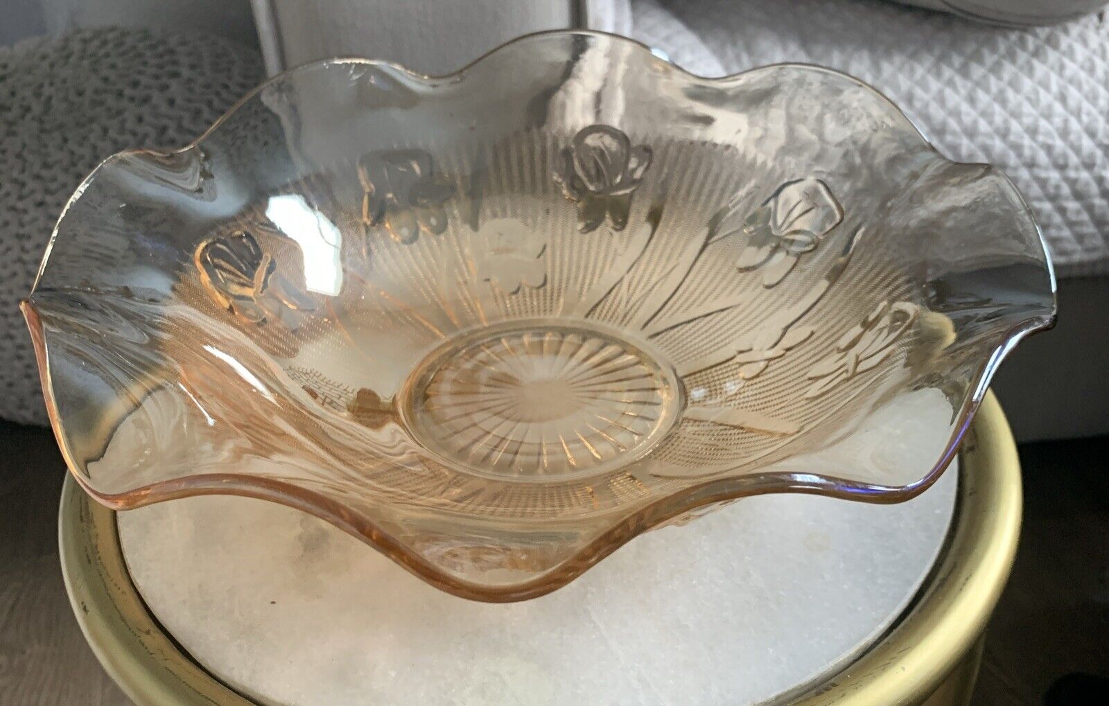 Large Ruffled Jeannette Marigold Orange Glass Bowl Carnival 11  1/2” Iridescent