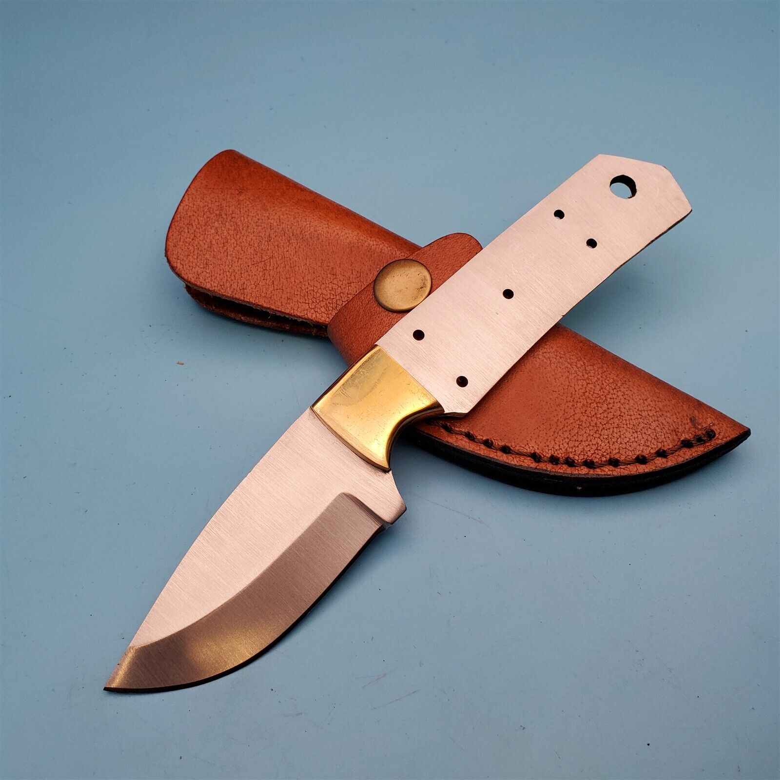 Knife Blade Blank Fixed Drop Point Full Tang Brass Bolster Sheath Diy 7.25x2.75