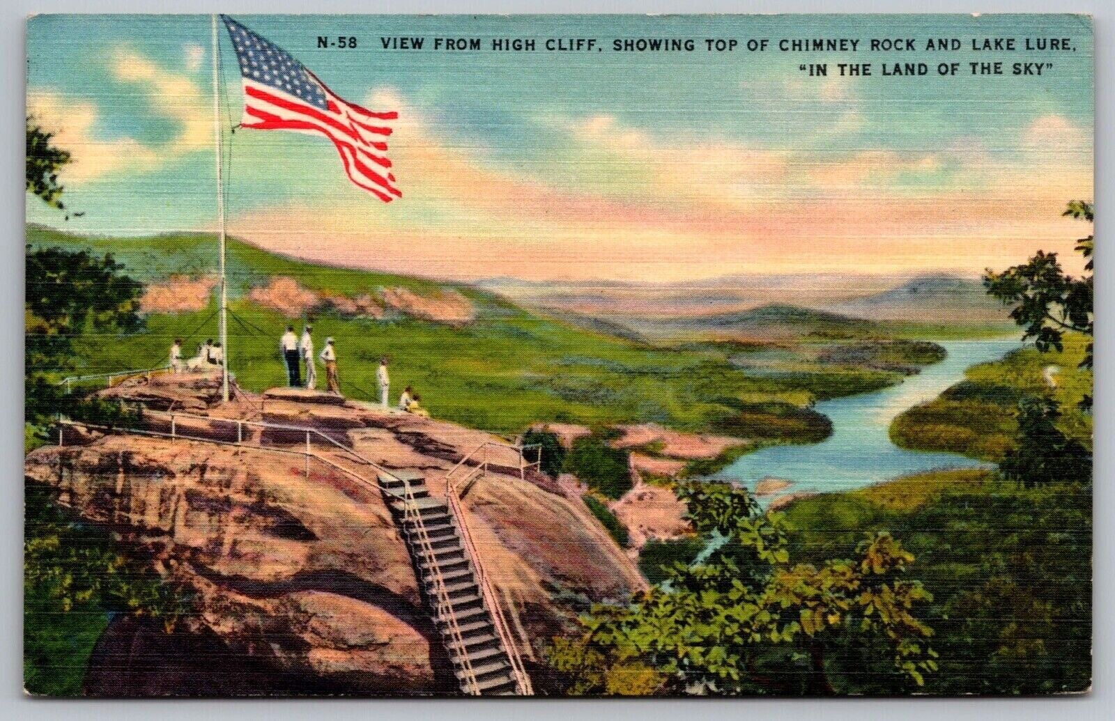 View From High Cliff Chimney Rock Lake Lure Flag Linen Postcard