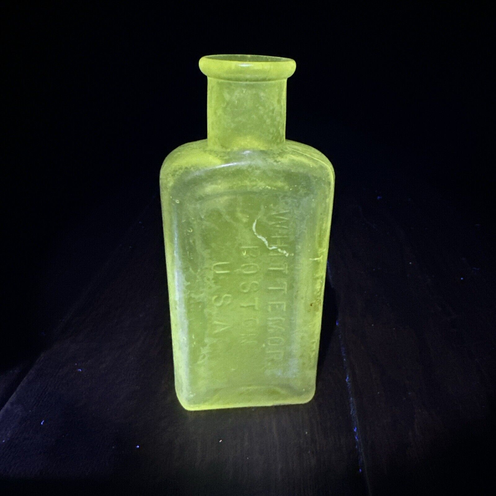 Vintage Manganese Uranium Glass Whittemore Boston USA Aqua Glass Bottle