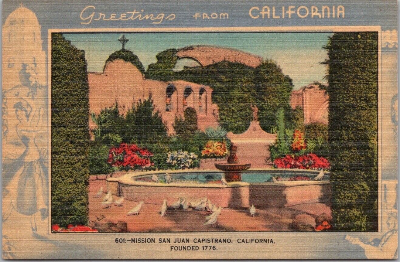 1940s MISSION SAN JUAN CAPISTRANO California Postcard Fountain View / Linen