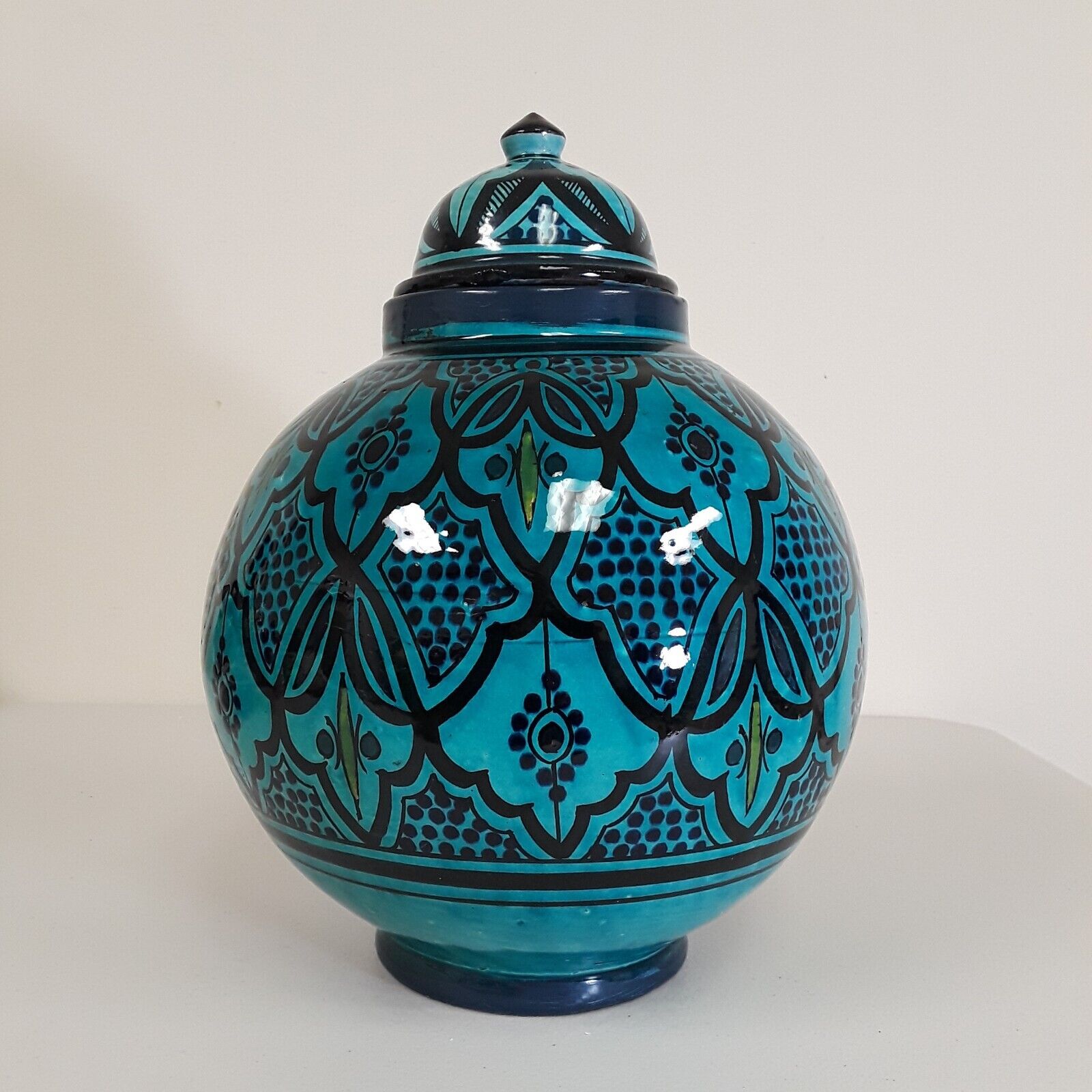 VTG Estate Moroccan Urn Exotic Handmade Wheel Thrown Terracotta Vase Turquoise