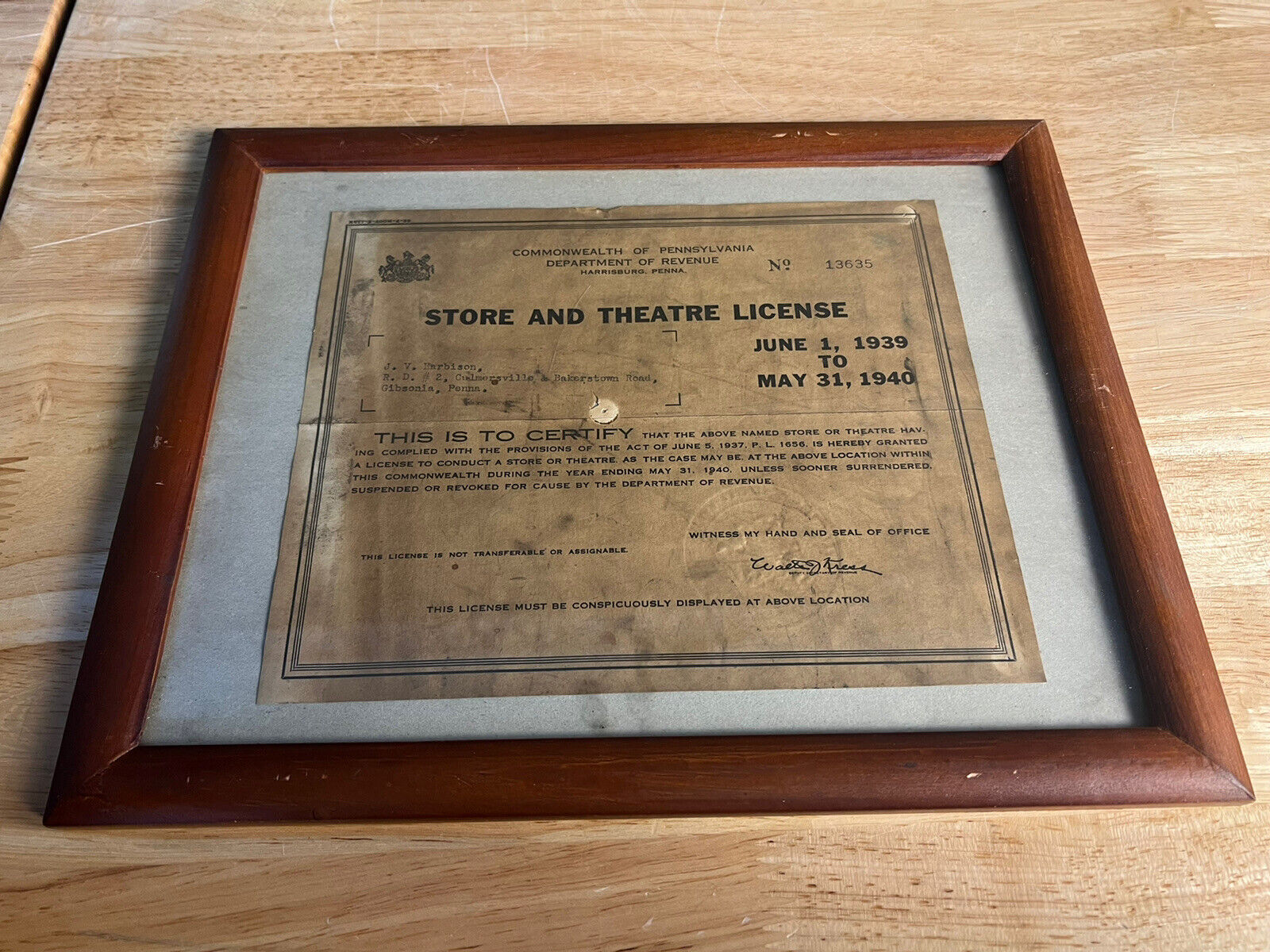ANTIQUE 1939  STORE AND THEATER LICENSE FROM THE COMMONWEALTH OF PENNSYLVANIA 