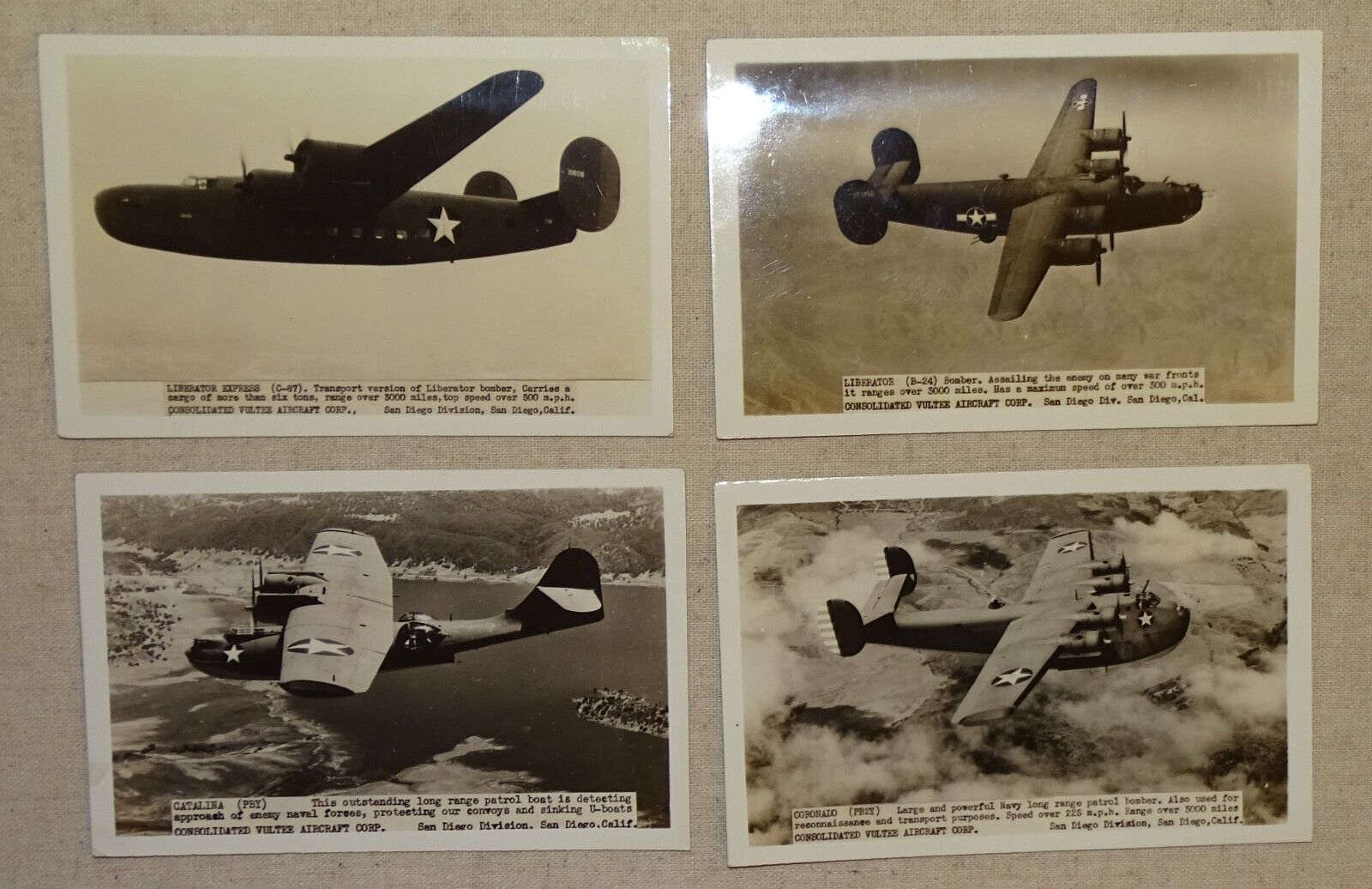 4 Real Photo Postcards WWII Era Consolidated Vultee Aircraft Corp. San Diego Cal