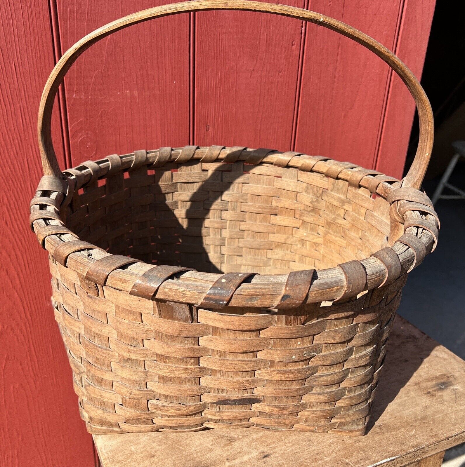 antique farmhouse heavy duty splint ash woven basket w handle great patina 