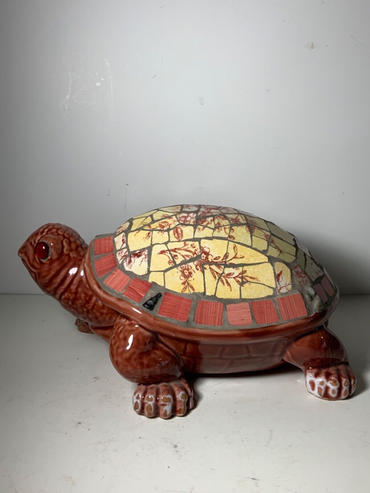 Vintage Salmon Pink Ceramic Mosaic Turtle Statue with Glass Eyes 12 in.