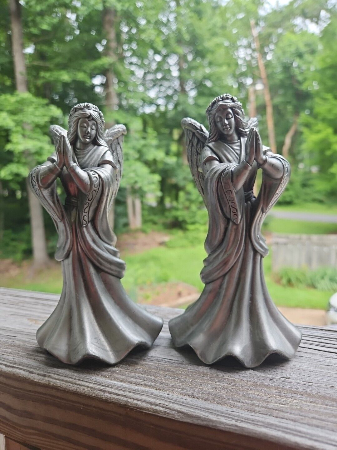 Pair of Two Prayerful Angel Cast Metal Antique Finish Candle Holders -Indonesia