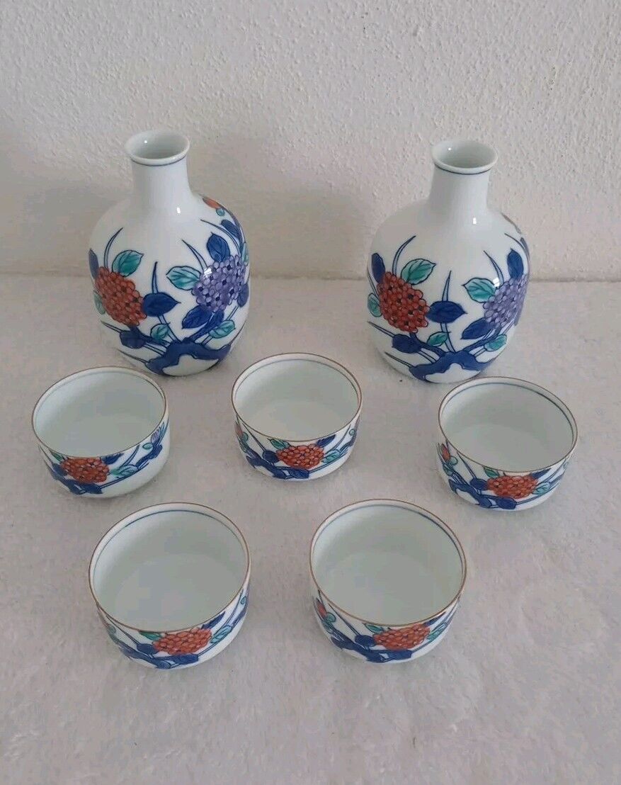Arita Ware Porcelain Sake set Of 5 By Kazan Manemon, Made In Japan, Signed