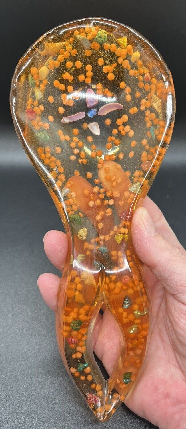 Vintage Retro Orange Lucite Acrylic Spoon Rest With Sea Shells And Flowers