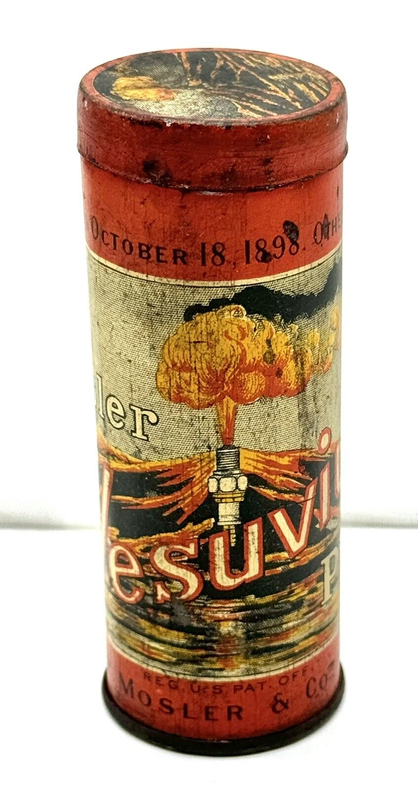 Early 1900’s Mosler Vesuvius Spark Plug Tin w/ Cap Volcano Spark Plug Tin Litho