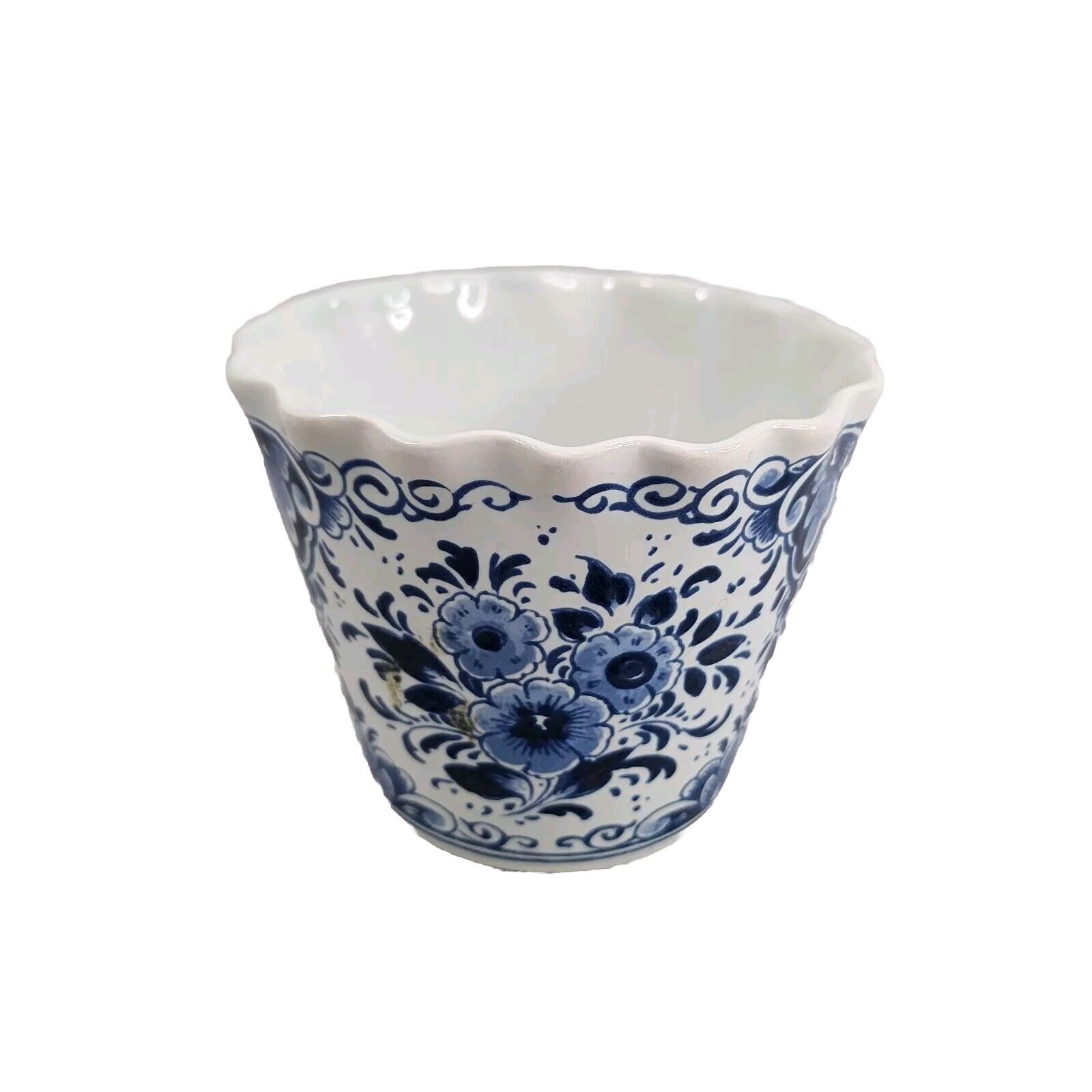 Vintage Delft Holland Blue/White Floral 3” Vase Scallop Edge Signed Delft